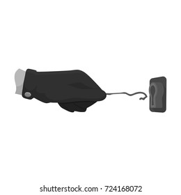 Lockpick in the hand of the criminal. Latchkey, thief tool, crime single icon in monochrome style vector symbol stock illustration web.