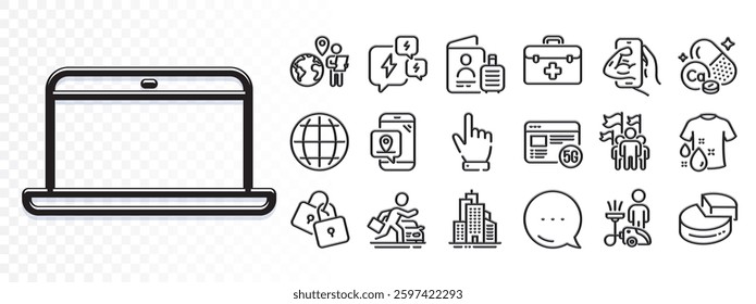 Locks, Cursor and First aid line icons for web app. Glare of light effect. Message icon. Pack of Outsource work, Leadership, Car rental pictogram icons. Stress, Globe, Laptop signs. Vector