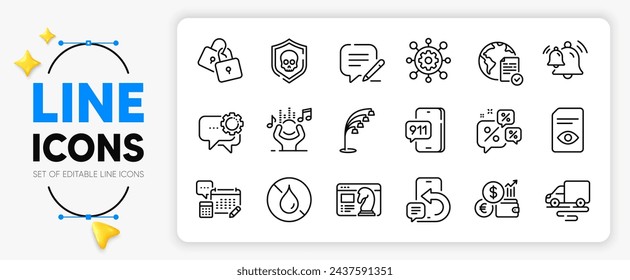Los iconos de chat y línea de la campana establecidos para la aplicación incluyen tasa de moneda, voto en línea, icono delgado de contorno de cuenta. Mensaje de teléfono, mensajero de empleados, icono de pictograma de llamada de emergencia. Vector