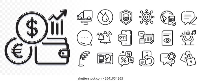 Locks, Discounts chat and Bell line icons for web app. Glare of light effect. Message icon. Pack of Currency rate, Online voting, Account pictogram icons. Vector