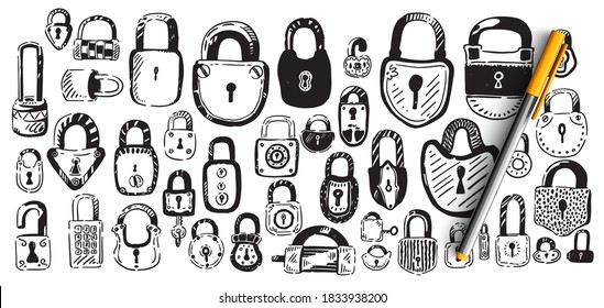 Locks doodle set. Collection of hand drawn sketches patterns templates of different shape metal door padlocks on white background. Safety protective equipment from robbery illustration
