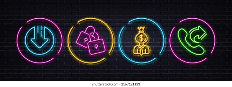 Locks, Download arrow and Manager minimal line icons. Neon laser 3d lights. Share call icons. For web, application, printing. Together padlocks, Crisis, Work profit. Phone support. Vector