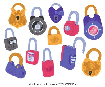 Locks flat icons set. Stainless steel combination lock. Indoor and outdoor padlocks for doors. House protection. Color isolated illustrations