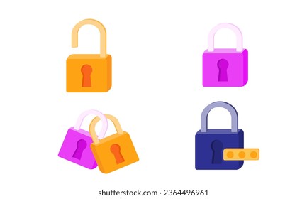 Locks flat icons set. Stainless steel combination lock. Indoor and outdoor padlocks for doors. House protection. Color isolated illustrations