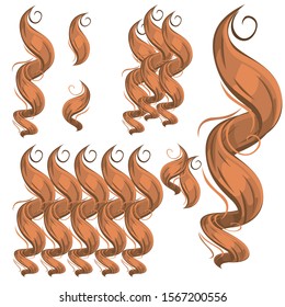 Locks of hair. A set of individual elements and compositions. Vector illustration isolated on a white background. Hair color red