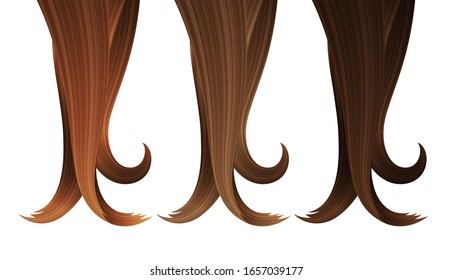Cerraduras del cabello en varios colores. Ilustración 3d Realista Vector. Elemento de diseño para peluqueros, salones de belleza, cosméticos para el cuidado del cabello, champú, acondicionador o embalajes para tintes de pelo