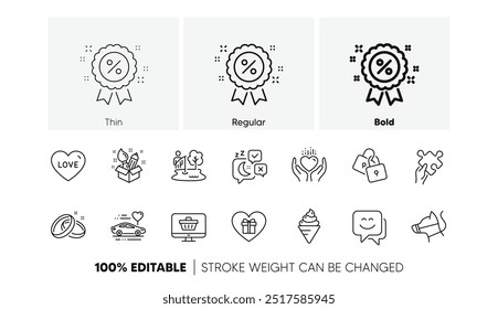 Cerraduras, viajes de luna de miel e iconos de línea de cara de sonrisa. Paquete de helado, creatividad, icono de regalo romántico. Lugar de pesca, rompecabezas, pictograma de correa de perro. Amor, Descuento, Anillos de boda. Iconos de línea. Vector