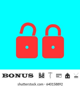 Locks icon flat. Red pictogram on blue background. Vector illustration symbol and bonus buttons Music center, corkscrew, credit card, house, drum