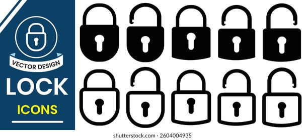 Locks icon, vector set. Silhouette of lock vector symbol and sign. Padlock icon vector set, security symbol. Open and closed lock vector illustration.