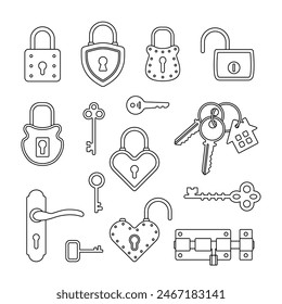 Sperren und Schlüssel-Symbolsatz. Schlüssel, Schlüsselloch und Schloss-Vektorillustration. Anmelden und Abmelden. Logo-Konzept für den Sicherheitszugriff.