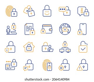 Locks line icons. Fingerprint protection, Unlock code and Credit card password icons. Open padlock, Locked document and Network lock. Online wallet, Fingerprint access and info protection. Vector