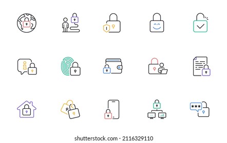 Locks line icons. Fingerprint protection, Unlock code and Lock password icons. Open padlock, Locked document and Network lock. Online wallet, Fingerprint access and info protection. Vector