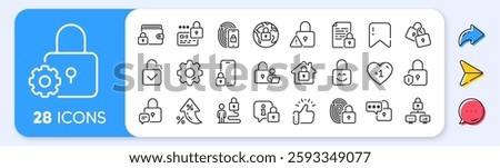 Locks line icons. Interest rate, AI generate, Inflation icons. Fingerprint protection, Unlock code and Credit card password icons. Open padlock, Locked document and Network lock. Vector