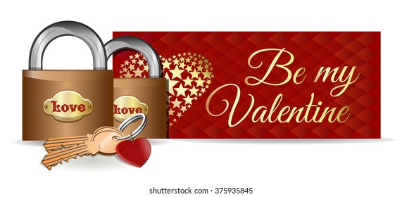 Locks on the background of a greeting card. Pair of locks, keys and key ring in the shape of heart. Be my Valentine. Vector Valentine's Day card.