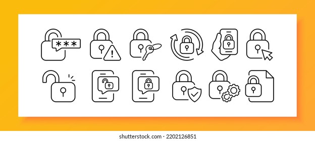 Locks for personal data protection set icon. Password, warning sign, key, synchronization, graphic key, unlock, cursor, security system, gear, shield. Privacy concept. Vector line icon for Business