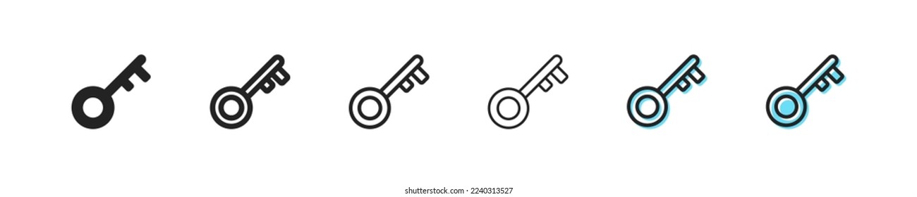 Locks for personal data protection set icon. Password, warning sign, key, graphic key, unlock, cursor, security system, gear, shield. Privacy concept. Six vector line icon in different styles