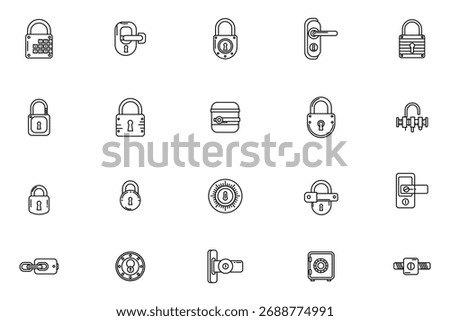 Locks, Security, and Protection Line Icons Set - Padlocks, Door Handles, Safes, and Safety Devices