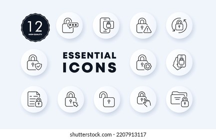 Bloquea el icono de conjunto. Seguridad, flecha, protección, teléfono, flechas circulares, sistema de seguridad, equipo, mano, carpeta, advertencia, documento, bloqueo. Concepto de privacidad. Estilo neomorfista. Icono de línea de vector para empresas.