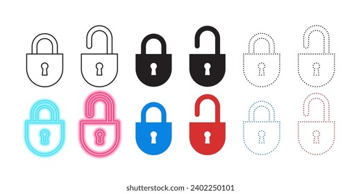 Locks signs. Padlocks icons. Locks icons in different style. Vector illustration