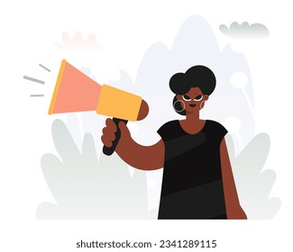 Bloques en Voces de Activismo, Dama Energizada con Bullhorn, Negar este mitin de pensamiento Asunto. Estilo de moda, Ilustración vectorial