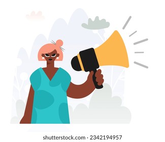 Bloques en Voces de Activismo, Dama Energizada con Bullhorn, Nullify este pensamiento de la concentración Asunto. Estilo de moda, Ilustración vectorial