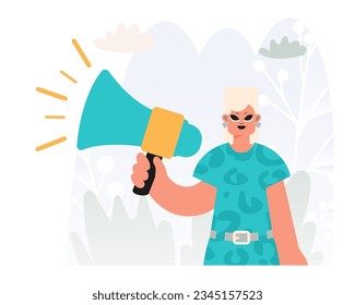 Locks in Voices in Activism, Energized lady with Bullhorn, Negate this thought Rally Subject. Trendy style, Vector Illustration