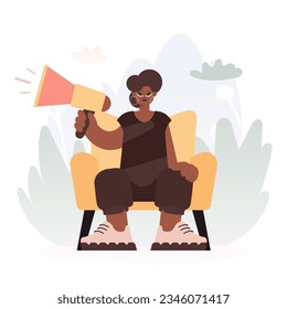 Bloques en Voces de Activismo, mujer Energizada con Bullhorn, Rompe esta manifestación de pensamiento Asunto. Estilo de moda, Ilustración vectorial