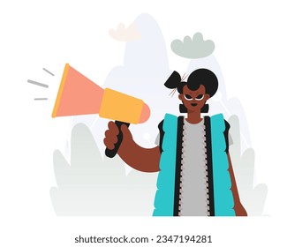 Bloques en Voces de Activismo, mujer Energizada con Bullhorn, rechaza esta manifestación de pensamiento. Estilo de moda, Ilustración vectorial