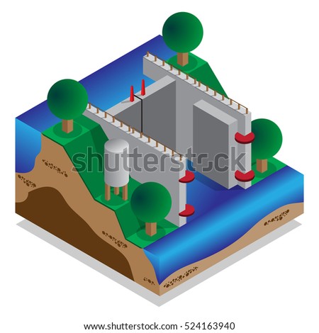 Locks water. A device for raising and lowering boats. Isometric. Vector illustration.