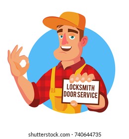 Locksmith Door Service Vector. Professional Master Repairman. Isolated Flat Cartoon Character Illustration