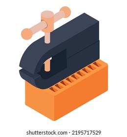 Locksmith equipment icon isometric vector. Bench vise on brown brick block icon. Professional equipment, manufacture