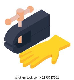 Locksmith equipment icon isometric vector. Bench vise, yellow protective glove. Professional equipment, work safety