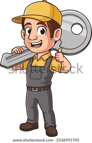 Locksmith holding a large key over his shoulder vector illustration