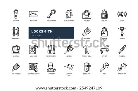 locksmith key tools secure security service protection detailed outline line icon set