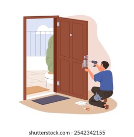 Locksmith repairing broken door, installing, changing. New lock installation. Professional handyman worker adjusting and fixing entry with tools. Flat vector illustration isolated on white background