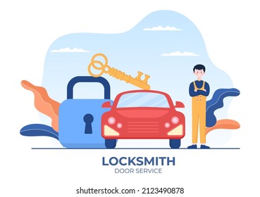 Locksmith Repairman Car Door Repair, Maintenance and Installation Service with Equipment as Screwdriver or Key in Flat Cartoon Background Illustration