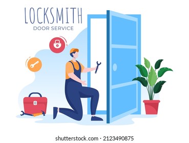 Locksmith Repairman Door Repair, Maintenance and Installation Service with Equipment as Screwdriver or Key in Flat Cartoon Background Illustration