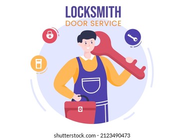 Locksmith Repairman Home Maintenance, Repair and Installation Service with Equipment as Screwdriver or Key in Flat Cartoon Background Illustration