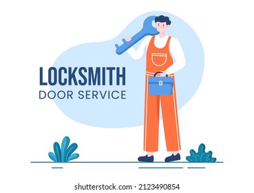 Locksmith Repairman Home Maintenance, Repair and Installation Service with Equipment as Screwdriver or Key in Flat Cartoon Background Illustration