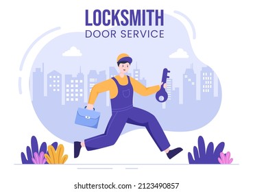 Servicio de mantenimiento, reparación e instalación del locksmith Repairman Home con equipo como destornillador o clave en fondo de caricatura plana Ilustración