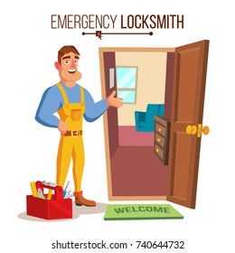 Locksmith Repairman Vector. Unlock The Door Service. Cartoon Character Illustration