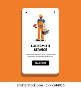 Vector de herramientas del trabajador de servicios de locksmith. El Trabajador Del Servicio Locksmith Mantiene Perforación Electrónica Y Caja De Herramientas De Instrumento. Asistencia Tecnológica Con Equipo Para Arreglar. Ilustración de dibujos animados planos de la web