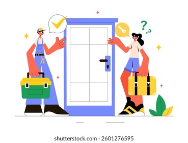 Locksmith Vector Illustration Featuring a Repairman for Home Maintenance, Repair, and Installation Services with Tools like a Screwdriver and Key