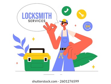 Locksmith Vector Illustration Featuring a Repairman for Home Maintenance, Repair, and Installation Services with Tools like a Screwdriver and Key