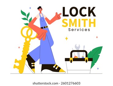 Locksmith Vector Illustration Featuring a Repairman for Home Maintenance, Repair, and Installation Services with Tools like a Screwdriver and Key