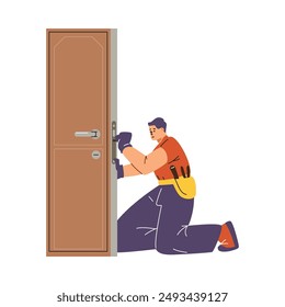 Trabajos de cerrajero. El maestro repara la cerradura de la puerta del apartamento. Uniforme de trabajo, guantes, herramientas en el cinturón. Servicio de reparación de puertas. Especialista cualificado. Ilustración vectorial aislada sobre fondo blanco.