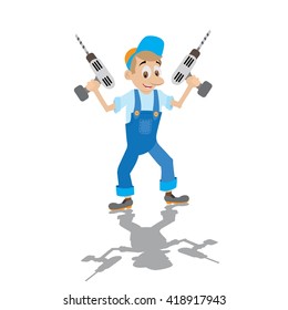 locksmith in working overalls holds the electric drill,