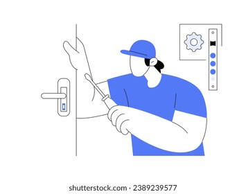 Locksmithing abstract concept vector illustration. Repairman with a screwdriver fixes the lock, house building, residential construction, locksmithing service, interior works abstract metaphor.