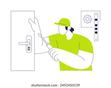 Locksmithing abstract concept vector illustration. Repairman with a screwdriver fixes the lock, house building, residential construction, locksmithing service, interior works abstract metaphor.