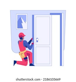 Locksmithing isolated concept vector illustration. Repairman with a screwdriver fixes the lock, house building, residential construction, locksmithing service, interior works vector concept.